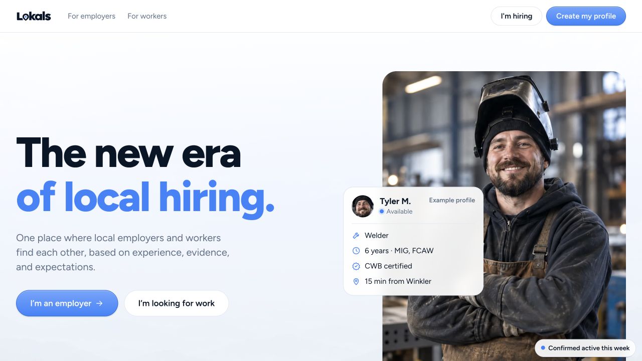 Lokals homepage showing a worker and an example candidate profile