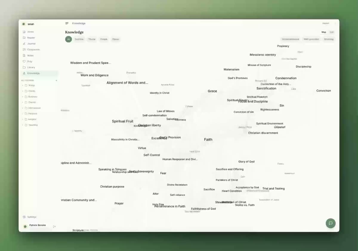 Selah's knowledge map inside its Bible study workspace